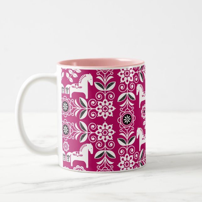 Caneca De Café Em Dois Tons Impressão de Cavalo Sueco Dala Rosa (Esquerda)