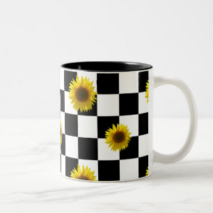 Caneca De Café Em Dois Tons Impressão preto e branco Checkered & do girassol