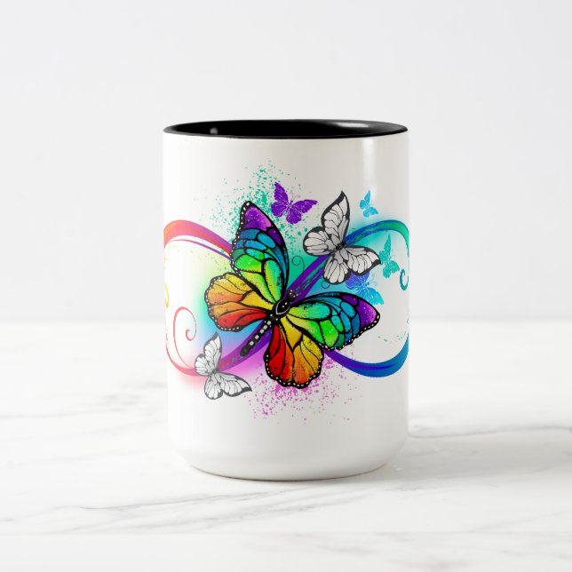 Caneca De Café Em Dois Tons Infinidade brilhante com borboleta arco-íris (Centro)