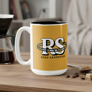 Caneca De Café Em Dois Tons Inicial Monograma Órbita Preta Qualquer Cor ID1331