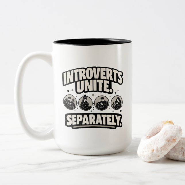 Caneca De Café Em Dois Tons Introvertido "INTROVERTIDOS SE UNEM. SEPARADAMENTE (Com Donut)