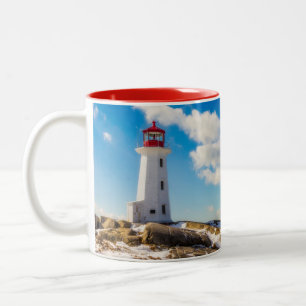 Caneca De Café Em Dois Tons Inverno do farol   na angra de Peggy, Nova Escócia