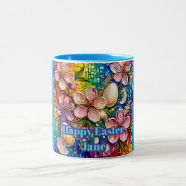 Caneca De Café Em Dois Tons ~ JANE ~ FELIZ PÁSCOA ~ Flores Ovos ~ 