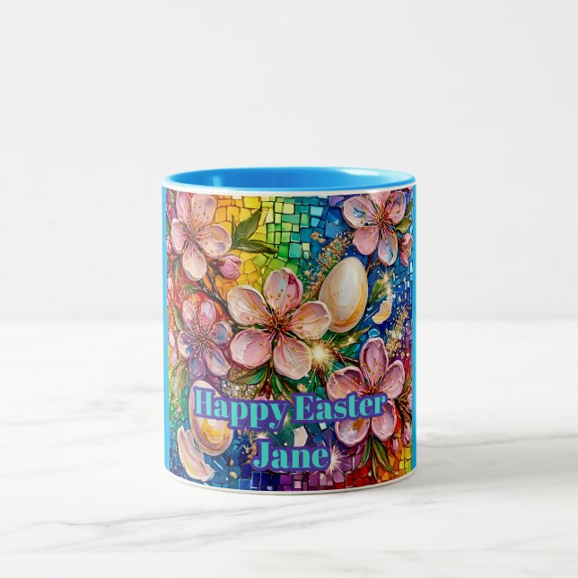 Caneca De Café Em Dois Tons ~ JANE ~ FELIZ PÁSCOA ~ Flores Ovos ~  (Centro)
