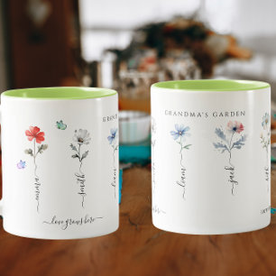 Caneca De Café Em Dois Tons Jardim da vovó com nomes de netos Watercolor