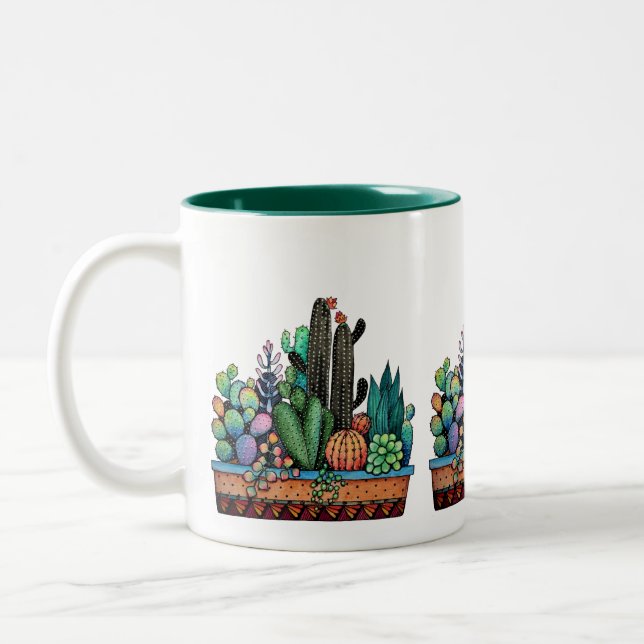 Caneca De Café Em Dois Tons Jardim De Cactus Caquetado Em Pote (Esquerda)