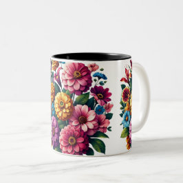 Caneca De Café Em Dois Tons Jardim de Flor Zinnias Brilhante e Cosmos