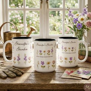 Caneca De Café Em Dois Tons Jardim do Vovô com 5 Flores de Nascimento & Nomes