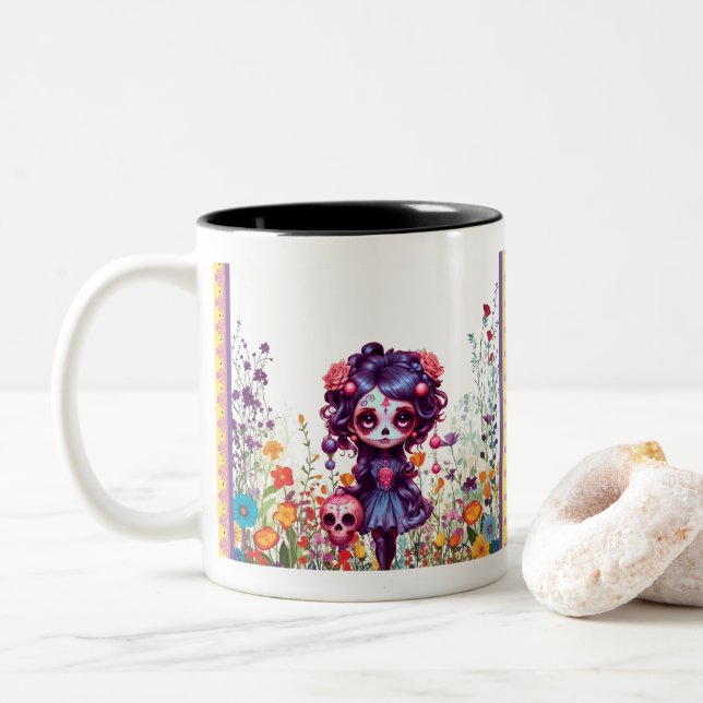 Caneca De Café Em Dois Tons Jardim Gótico Fofo - Caveira de Açúcar (Com Donut)