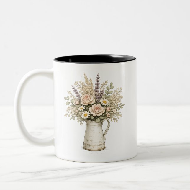 Caneca De Café Em Dois Tons Jarro Floral Rústico (Esquerda)