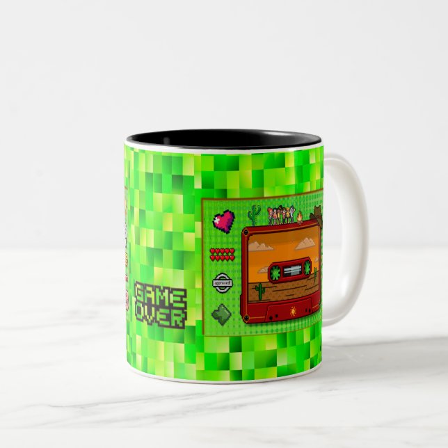 Caneca De Café Em Dois Tons Jeans games pixel art. (Frente Esquerda)