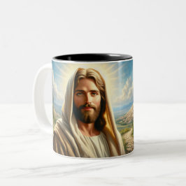 Caneca De Café Em Dois Tons Jesus sorrindo debaixo de um céu celeste