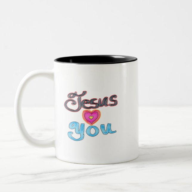 Caneca De Café Em Dois Tons Jesus te ama com coração cor-de-rosa (Esquerda)