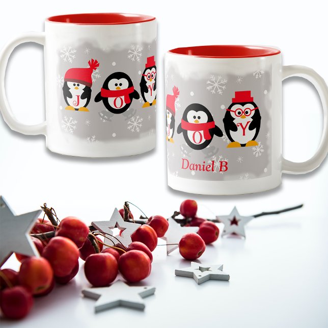 Caneca De Café Em Dois Tons JOY Penguins Nome Personalizado de Natal (Criador carregado)