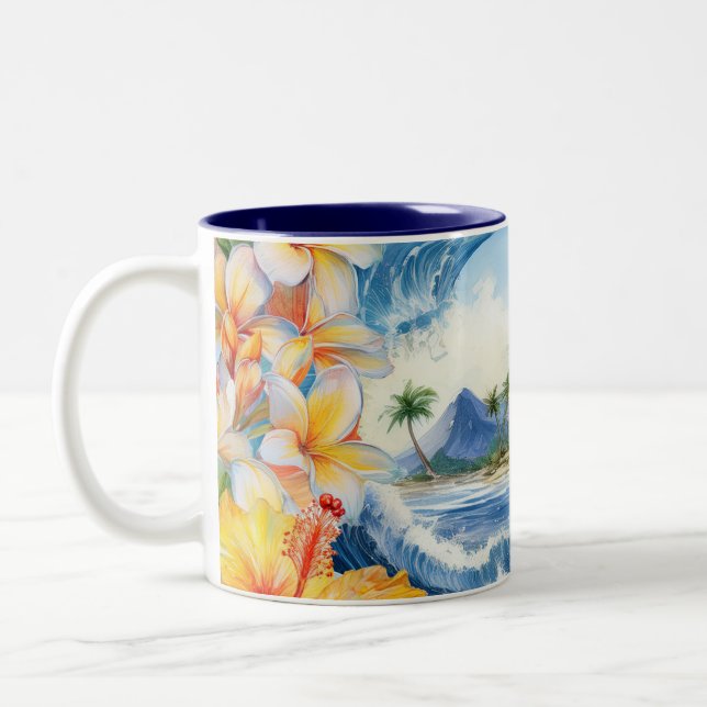 Caneca De Café Em Dois Tons Kai Aloha Hibiscus Aquarela Onda  (Esquerda)