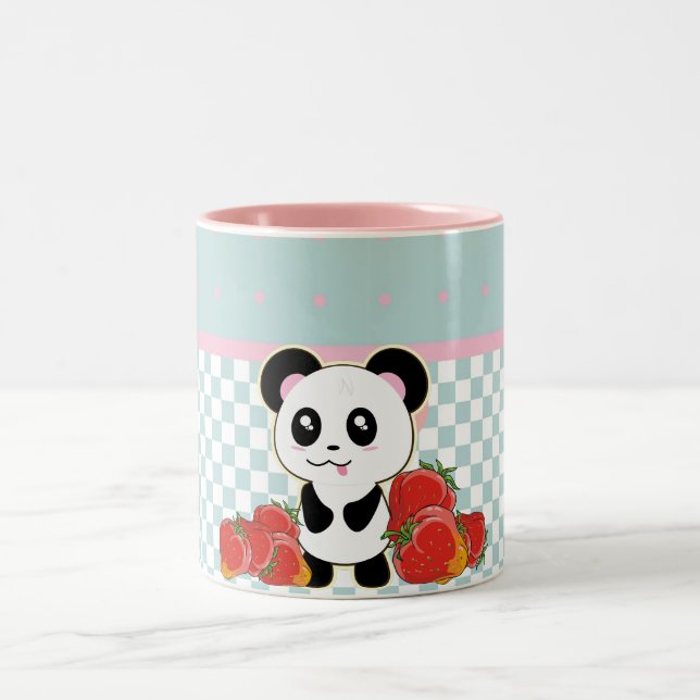Caneca De Café Em Dois Tons Kawaii Panda morangos bonitos (Centro)