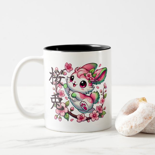 Caneca De Café Em Dois Tons Kawaii Sakura Bunny Mug (Com Donut)