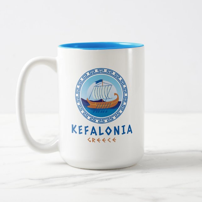 Caneca De Café Em Dois Tons Kefalonia, Grécia Desenho de Navio Grego (Esquerda)