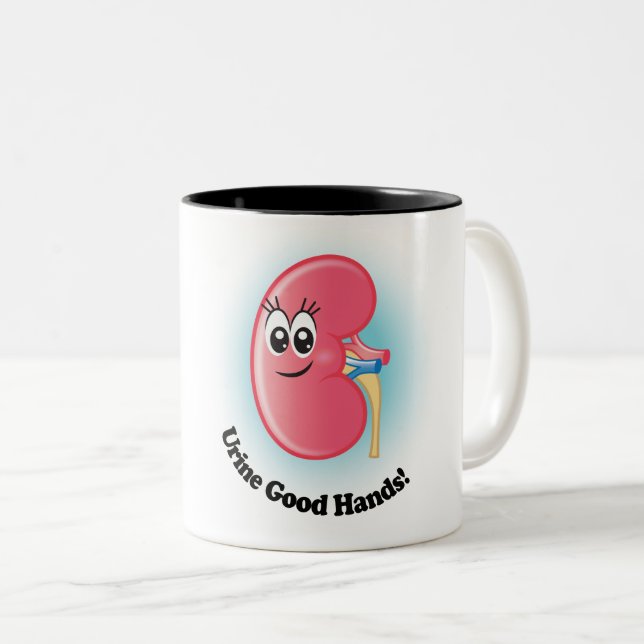 Caneca De Café Em Dois Tons Kelly Kidney "Urine Good Mands" (Boa Mão Urinária) (Frente Esquerda)
