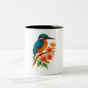Caneca De Café Em Dois Tons Kingfisher Vibrante com Blossomas - Arte de Aquare