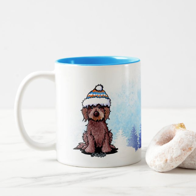 Caneca De Café Em Dois Tons KiniArt Cachorro Doodle Chocolate de Inverno (Com Donut)
