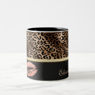 Caneca De Café Em Dois Tons Lábios Brilhantes com Elegante Padrão de Leopardo