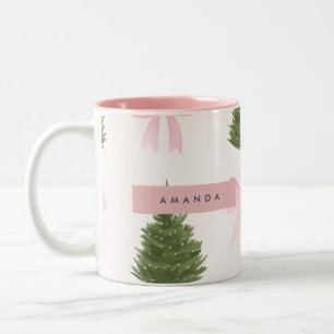 Caneca De Café Em Dois Tons Laço Rosa Personalizado & Árvore de Natal