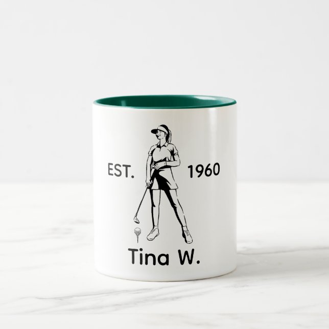 Caneca De Café Em Dois Tons Lady Golfer Nome personalizado e ano (Centro)