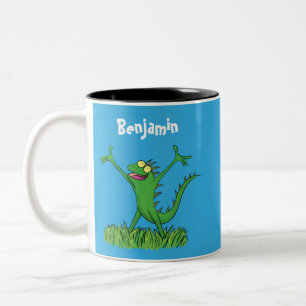 Caneca De Café Em Dois Tons Lagarto animado animado com iguana verde engraçado