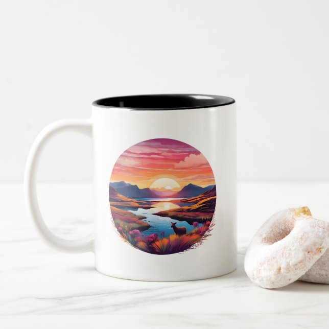 Caneca De Café Em Dois Tons Lago Ewe Sunset Na Escócia (Com Donut)