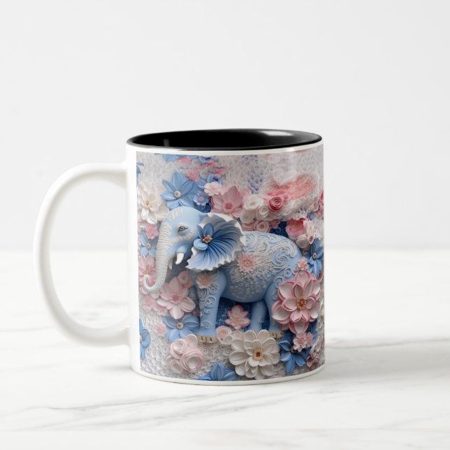 Caneca De Café Em Dois Tons Lâmpada de Elefante Azul 3D com Flores (Esquerda)