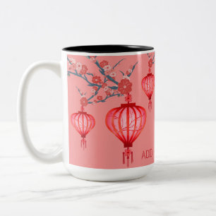 Caneca De Café Em Dois Tons Lanternas Vermelhas Cor-de-Rosa Rosa, Chineses Pre
