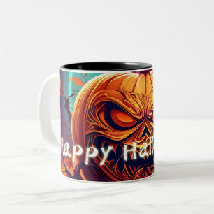 Caneca De Café Em Dois Tons Laranja Abóbora Assustadora com Rosto, Halloween