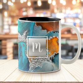 Caneca De Café Em Dois Tons Laranja-prateada-cor-de-água-mácula monograma