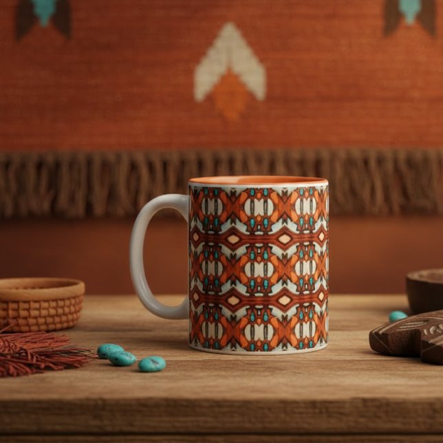 Caneca De Café Em Dois Tons Laranja, Turquesa, Tribal Castanho Inspirado (Criador carregado)