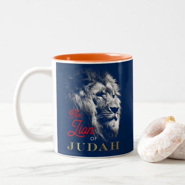 Caneca De Café Em Dois Tons Leão de Judah Marinho Vermelho Dourado Azul (Com Donut)