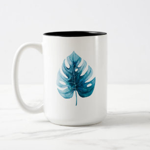 Caneca De Café Em Dois Tons Legal Aquarela Tropical Monstera Blue Folha