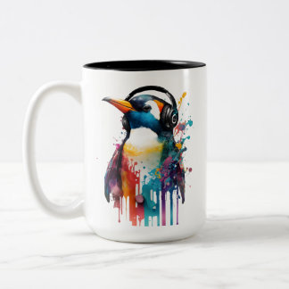 Caneca De Café Em Dois Tons Legal Pinguim Coffee Mug, Vestindo Fones de ouvido