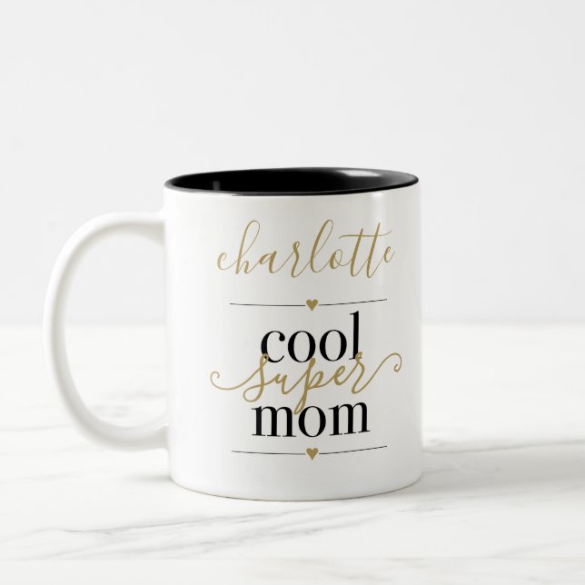 Caneca De Café Em Dois Tons Legal Super Mãe Personalizada Preta E Dourada (Esquerda)