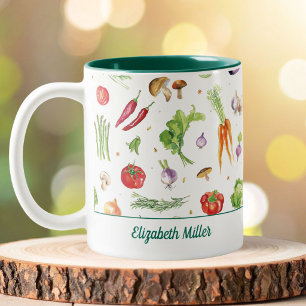 Caneca De Café Em Dois Tons Legumes Coloridos Aquarela Nome Personalizado