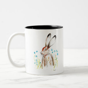 Caneca De Café Em Dois Tons Leitura de coelho de Páscoa aquática Flores azuis
