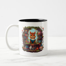 Caneca De Café Em Dois Tons Leitura De Esquilo Numa Estante De Vintage