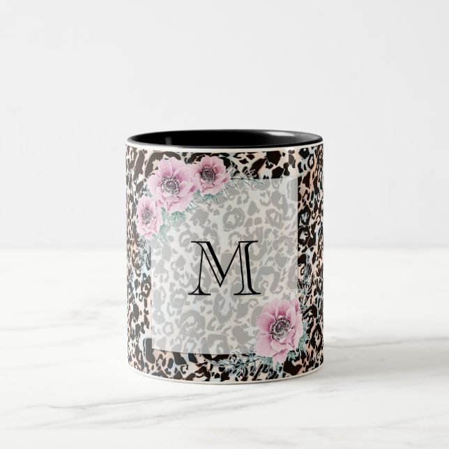 Caneca De Café Em Dois Tons leopardo, elegante, manchado, marrom, bege, pele, (Centro)