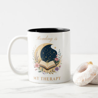 Caneca De Café Em Dois Tons Ler é Minha Terapia Livro Lua e Estrelas Celestiai