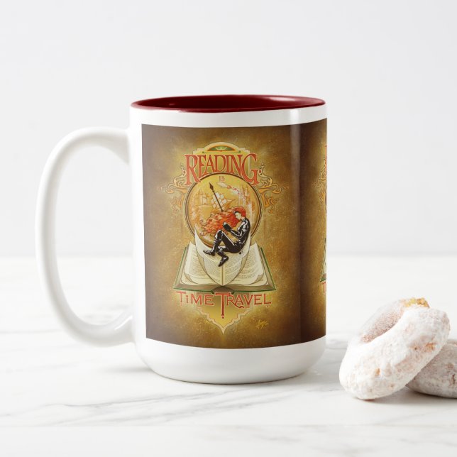 Caneca De Café Em Dois Tons Ler é Viagem no Tempo (Com Donut)