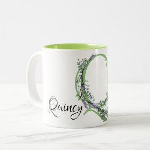 Caneca De Café Em Dois Tons Letra alfabética Q, botânica da Lavanda de aquarel