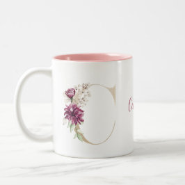 Caneca De Café Em Dois Tons Letra C Dourada Monograma Personalizada Floral Ros