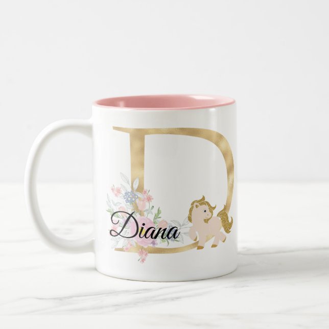 Caneca De Café Em Dois Tons Letra D personalizada monograma com pônei (Esquerda)