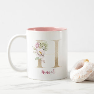 Caneca De Café Em Dois Tons Letra Dourada H, Monograma H, Presente Floral Rosa