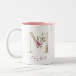 Caneca De Café Em Dois Tons Letra Dourada M, Monograma M, Floral Cor-de-Rosa D